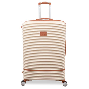 Beige suitcase with brown accents on a white background