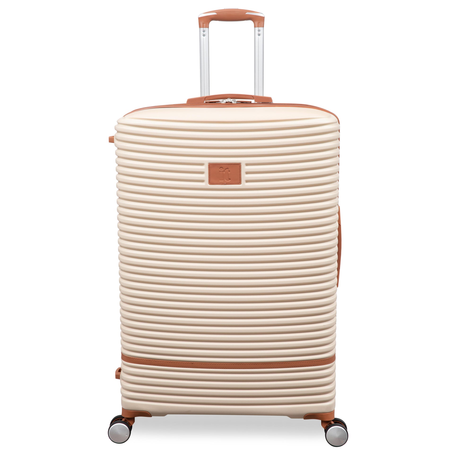Beige suitcase with brown accents on a white background