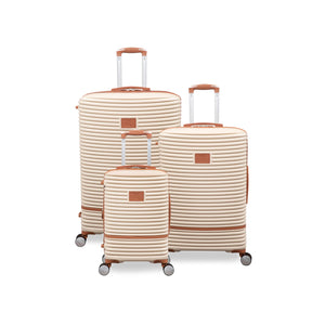 Set of three beige suitcases with brown accents on a white background