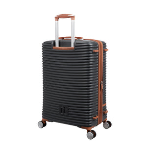 Black suitcase with brown accents on a white background