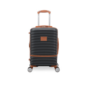 Black suitcase with brown accents on a white background