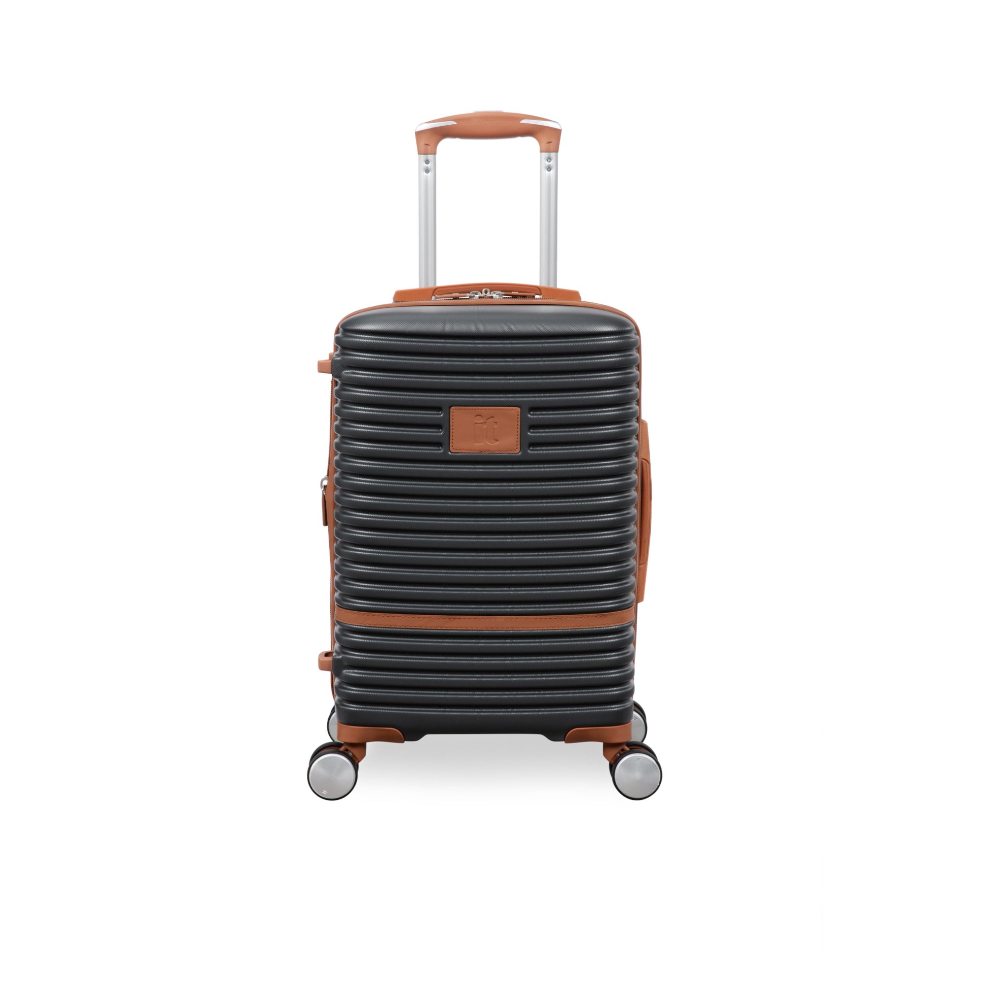 Black suitcase with brown accents on a white background
