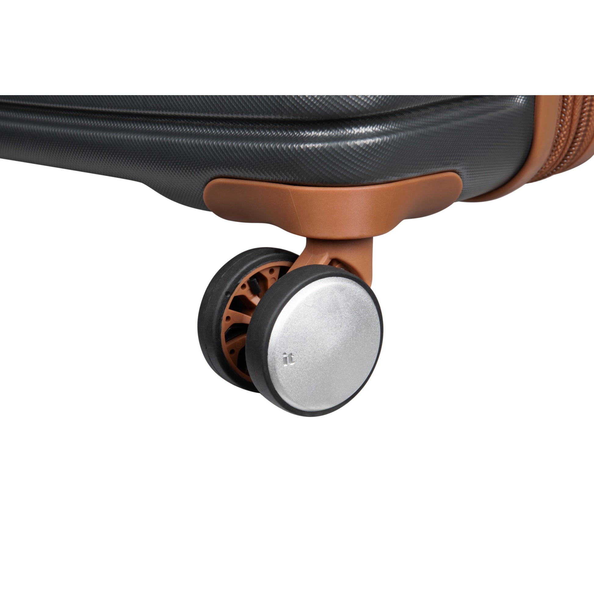 Close-up of a suitcase wheel on a white background