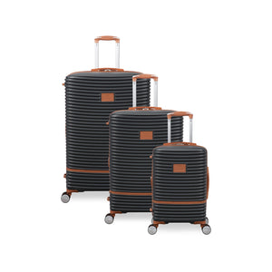 Set of three black suitcases with brown accents on a white background