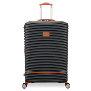 Black suitcase with brown accents on a white background