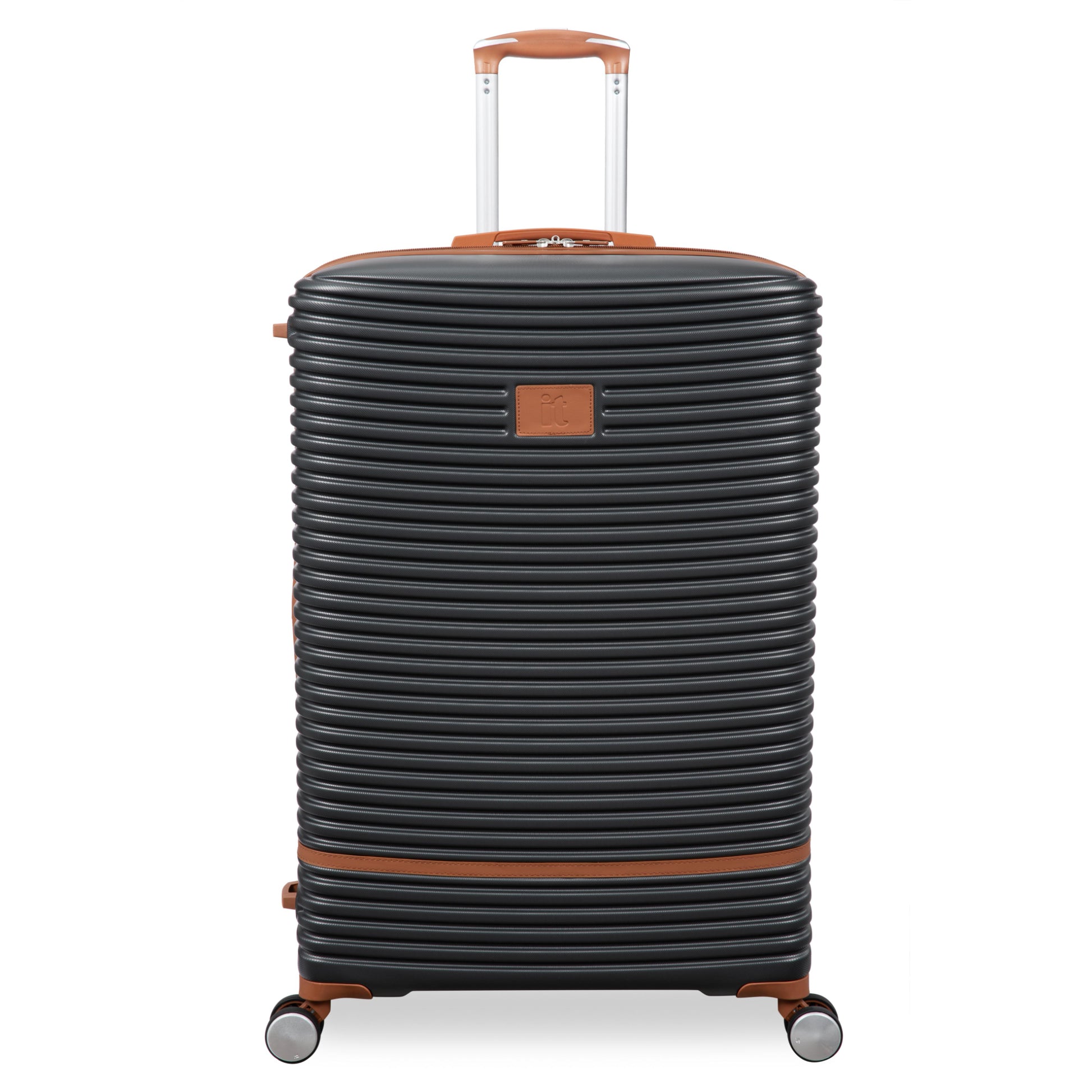 Black suitcase with brown accents on a white background