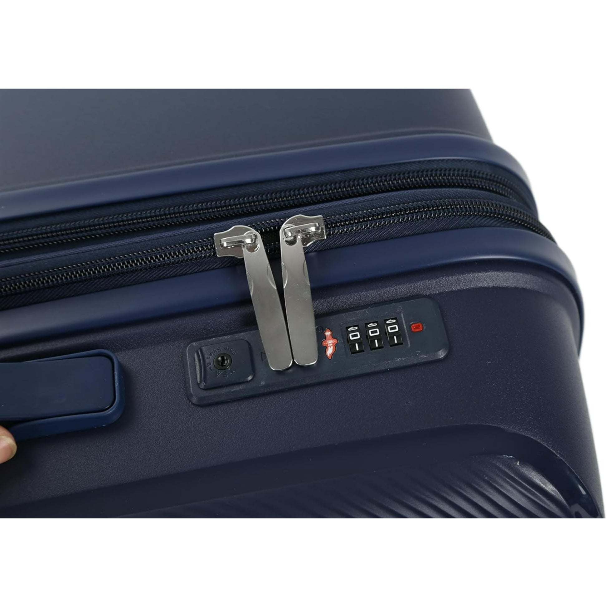 Close-up of a navy blue suitcase with a combination lock on a white background