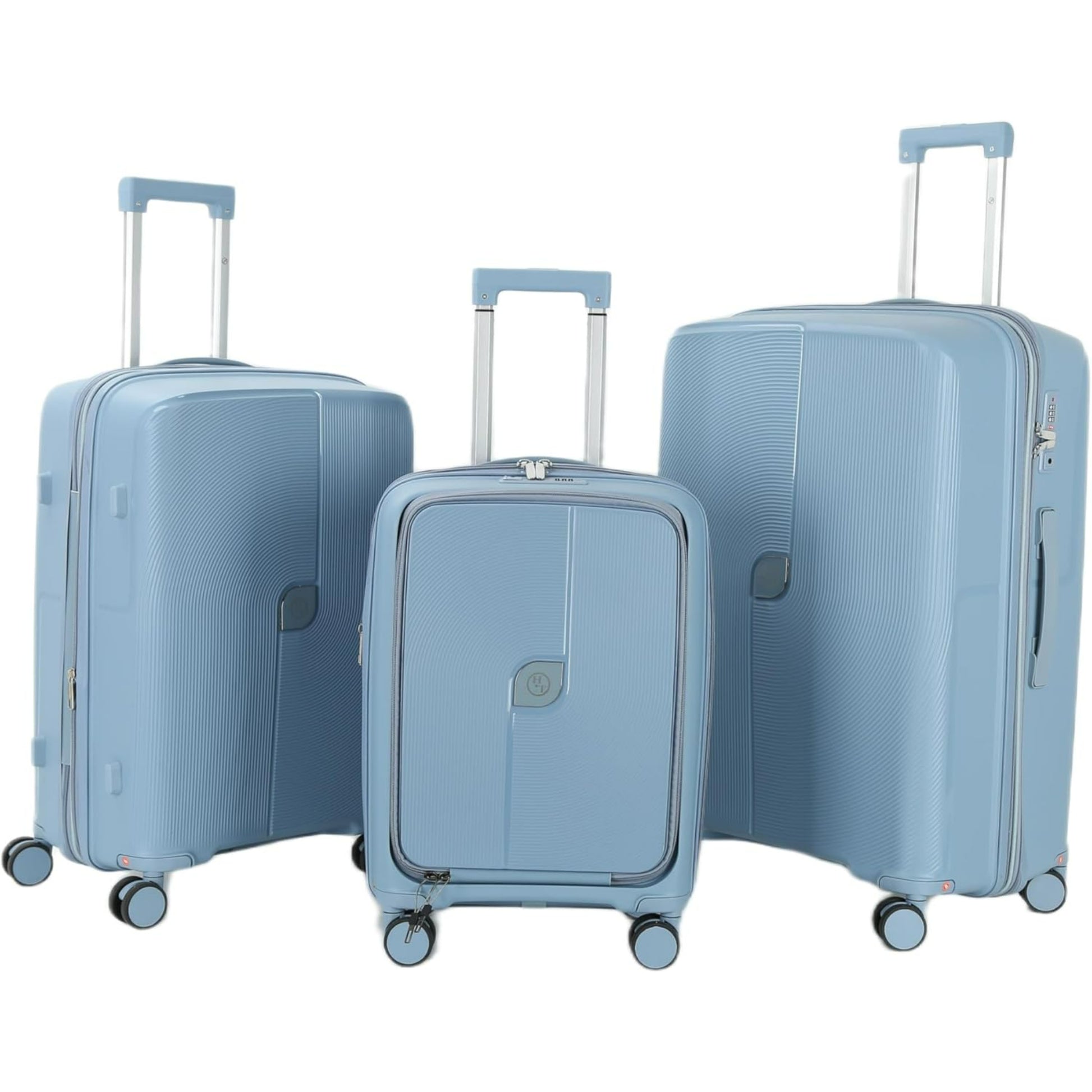 Set of 3 light blue suitcases with wheels on a white background