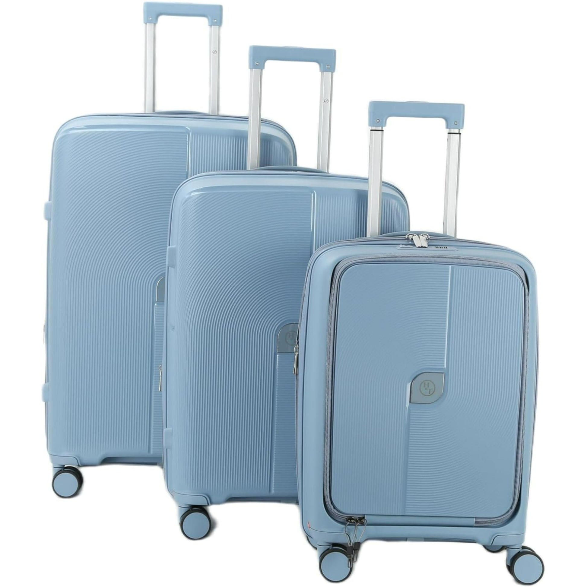 Set of three light blue suitcases with wheels on a white background