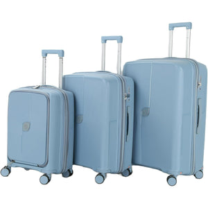 Set of three light blue suitcases with wheels on a white background