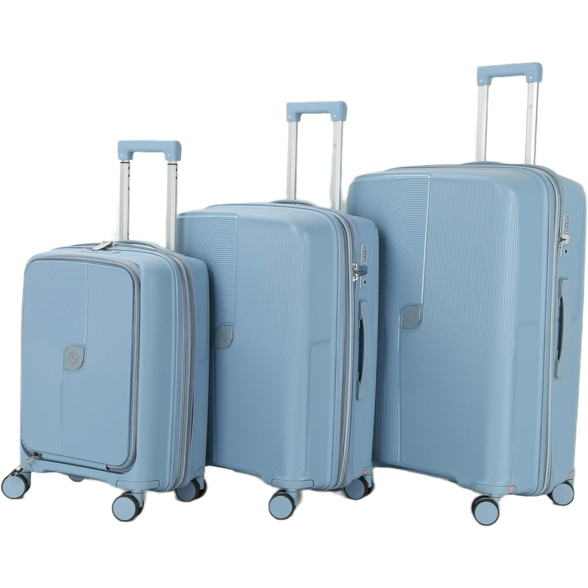Set of three light blue suitcases with wheels on a white background