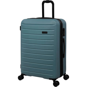 Blue suitcase with a black handle on a white background