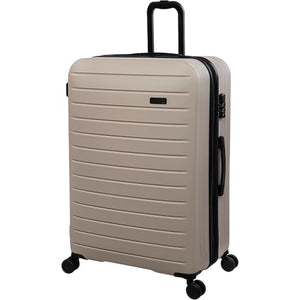 Beige suitcase with black handle and wheels on a white background