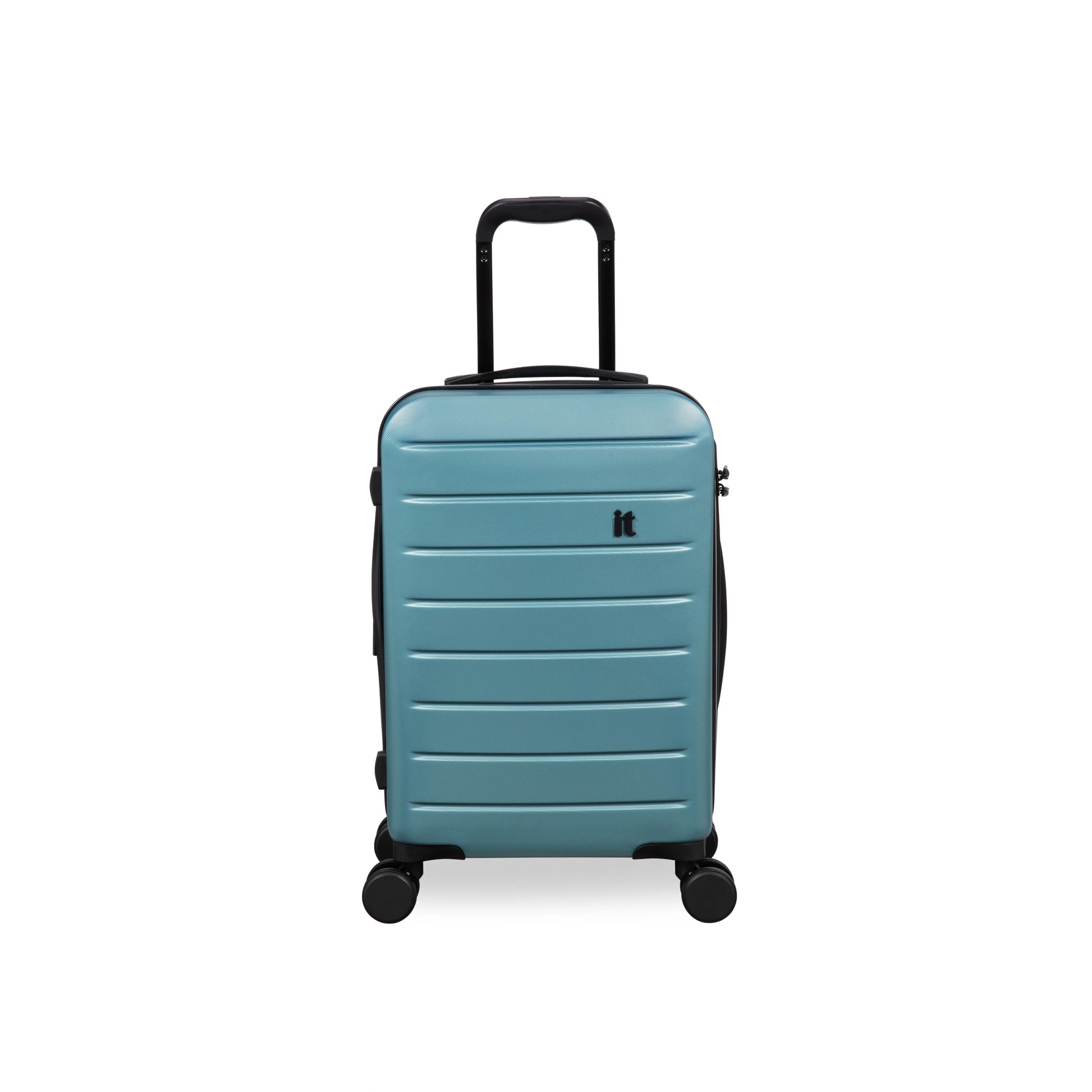 Teal suitcase with black wheels and handle on a white background